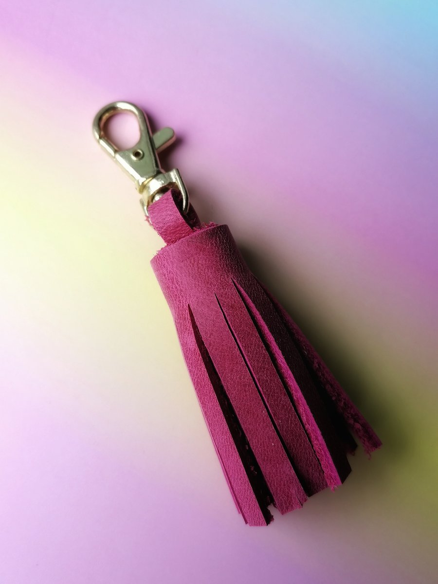 Handmade Leather Tassel Keyring - Rose Pink