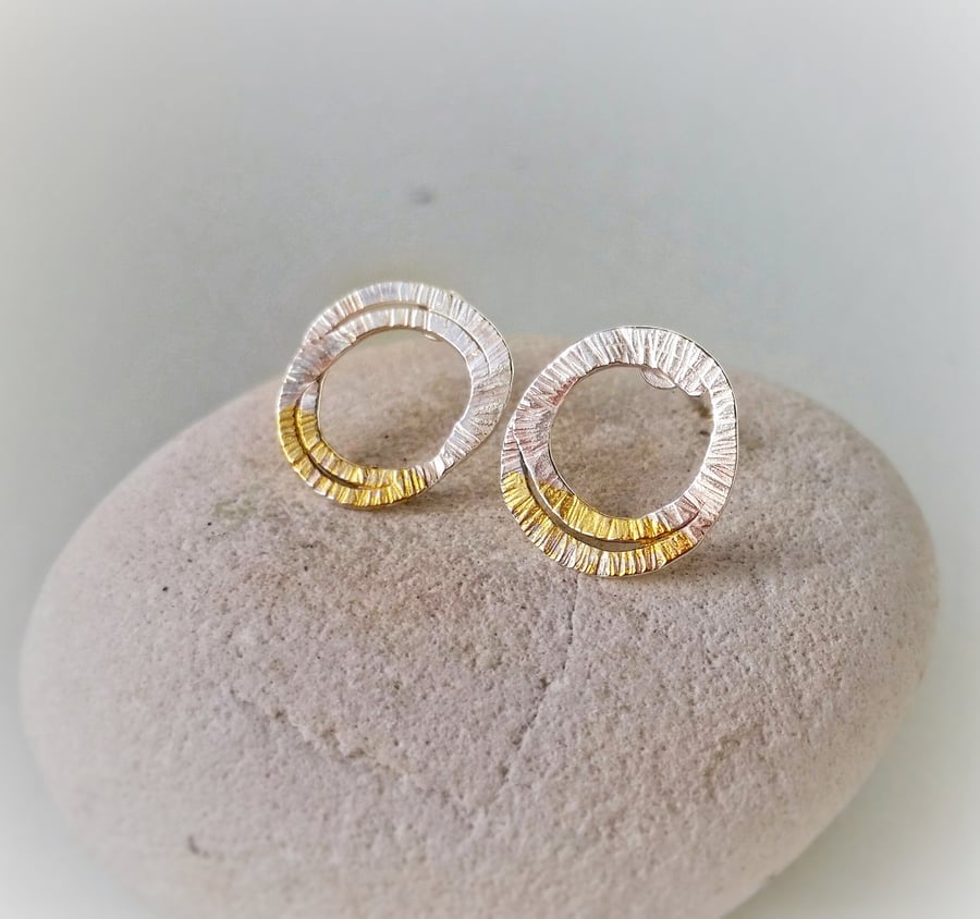 Nature inspired 'LICHEN' silver textured stud earrings with gold detail