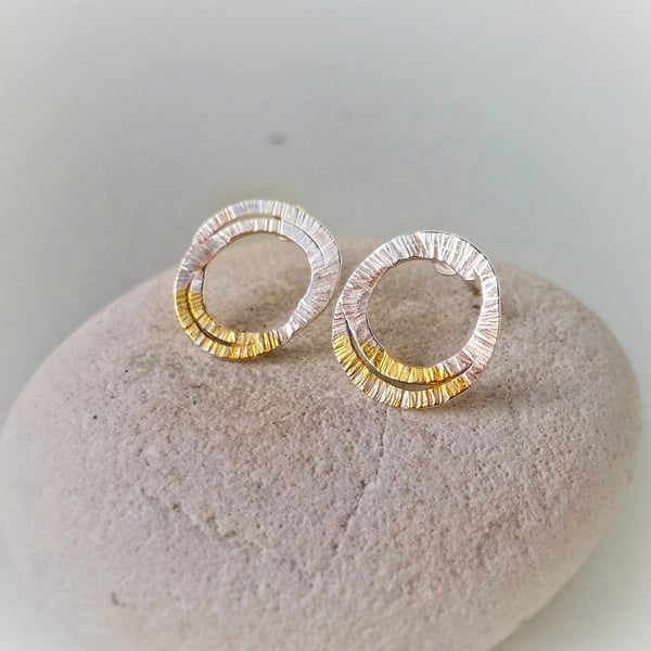 Nature inspired 'LICHEN' silver textured stud earrings with gold detail