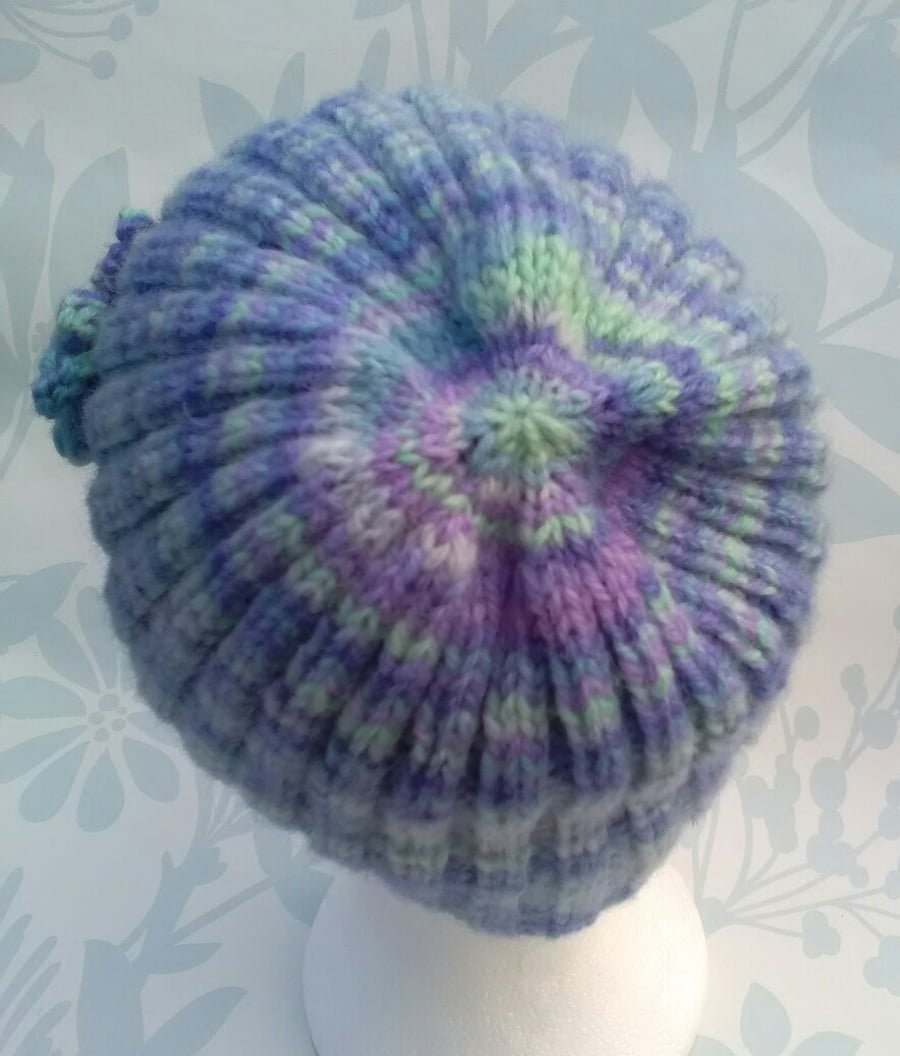Handknit hand dyed Shetland 3 flowered ribbed beanie hat blues SMALL MEDIUM