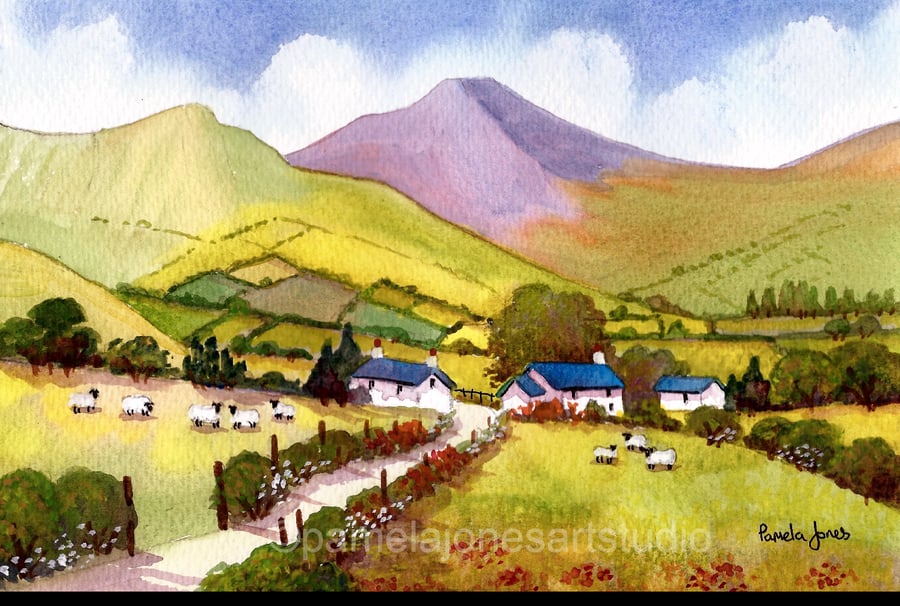 Cottages, Sheep, In The Brecon Beacons, Watercolouir Print in 9 x 7 '' Mount