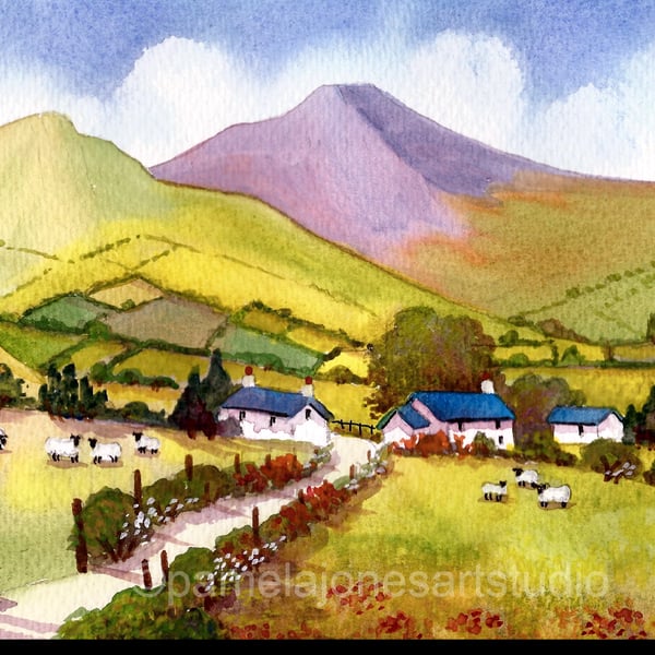 Cottages, Sheep, In The Brecon Beacons, Watercolouir Print in 9 x 7 '' Mount