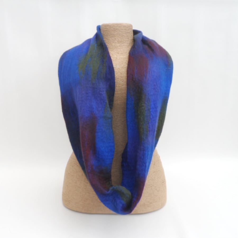  Nuno felted wool on silk infinity scarf, cowl in blue, purple, red and green