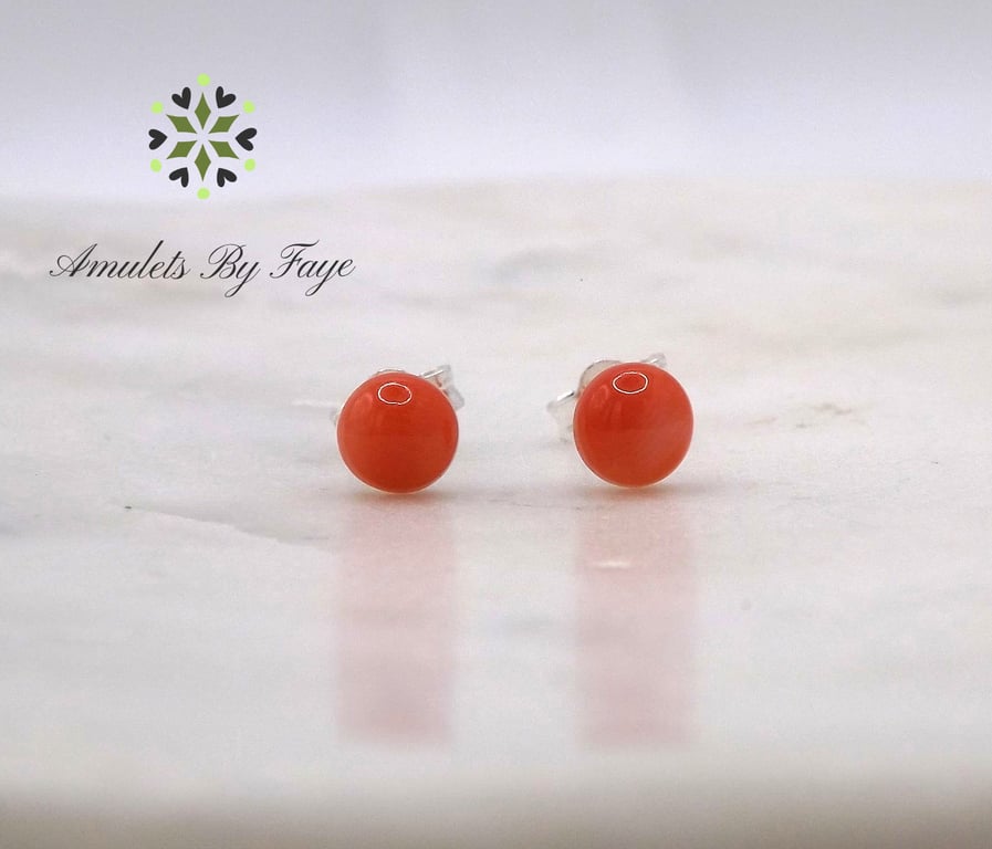 Sustainable Pink Coral Cabochon 5mm Gemstones Sterling Silver Stud Earrings.