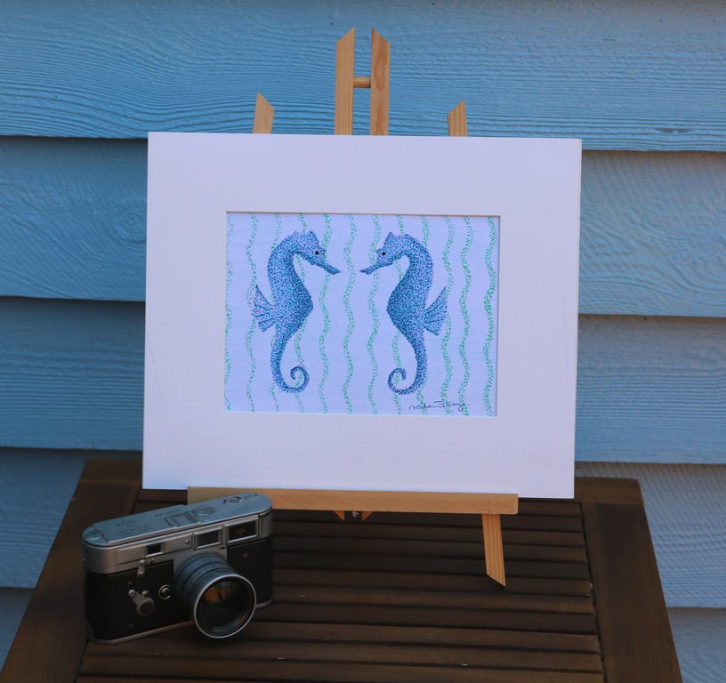 Two Seahorses, mounted orginal drawing of two seahorses  