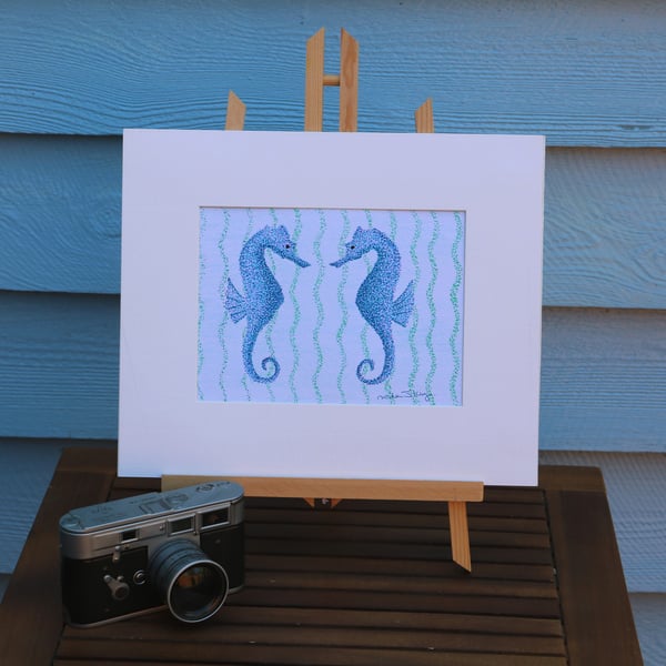 Two Seahorses, mounted orginal drawing of two seahorses  