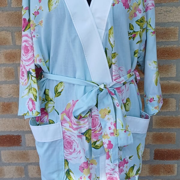 Bath robe pink rose floral kimono style dressing gown beach wrap upcycled textil