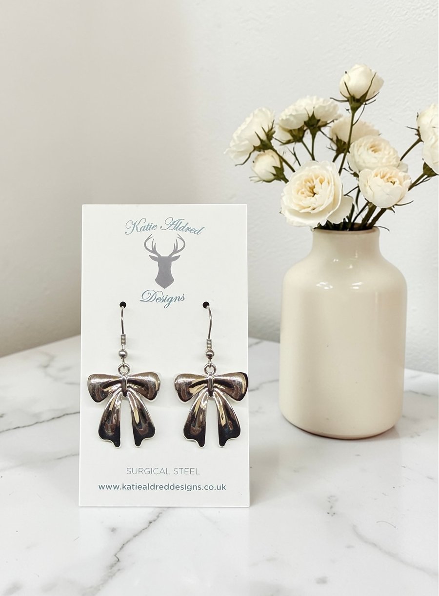 Charm Earrings - Large Silver Bow