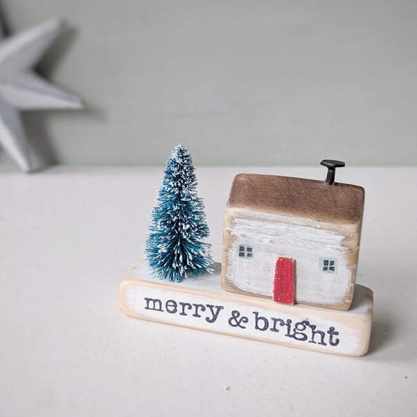 Little Wooden Handmade House in a Bag with Christmas Tree Merry & Bright 