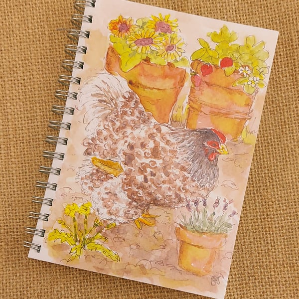 Spiral Bound A6 Notebook Hen patrolling the pots