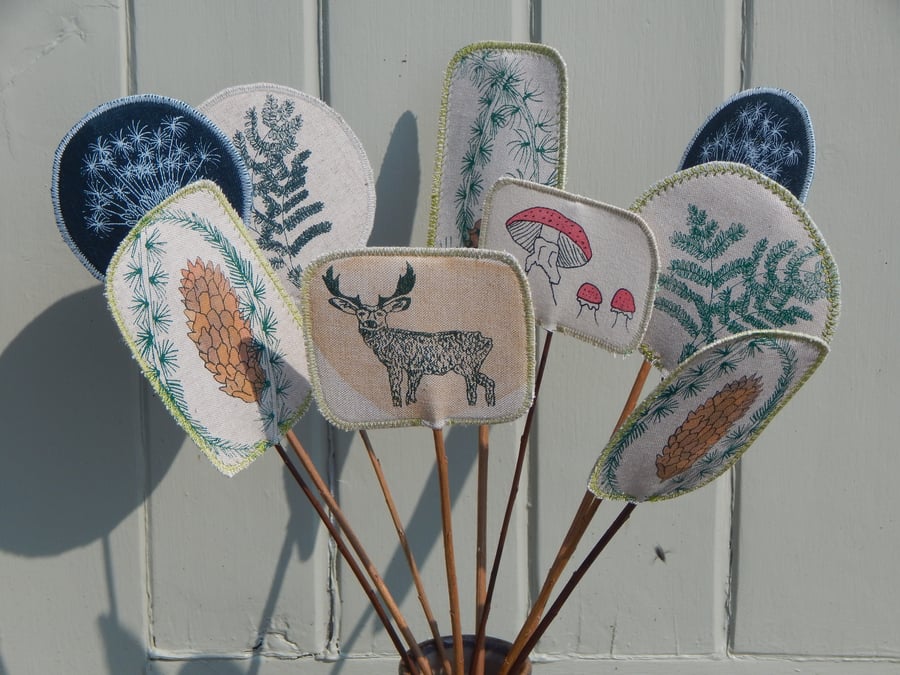 Stag and woodland plants - Screen printed fabric and willow flowers