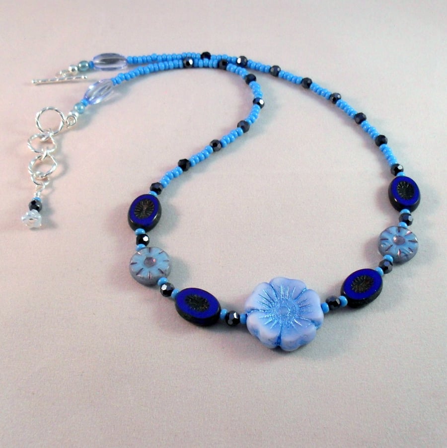 Blue Czech Glass Necklace With Flower Beads