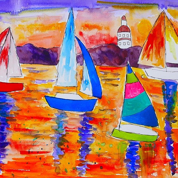 "Colourful  Sailing Boats " A3 Mounted Watercolour 16" x 20" Mounted