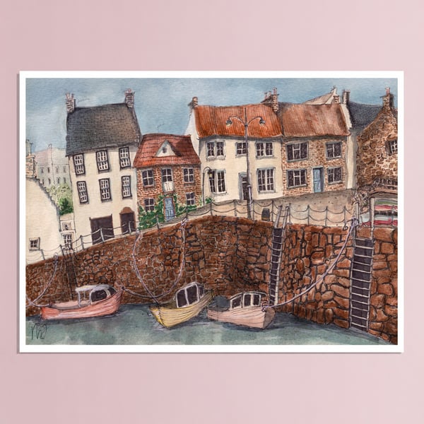 Crail Fishing Village Print - Scotland Coastal Illustration - Fife Wall Art