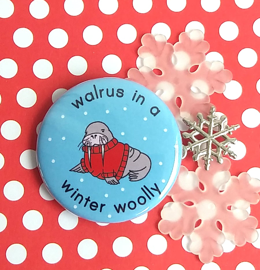 badge - walrus in a winter woolly - 38mm badge