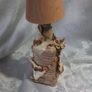 Rustic mixed media touch lamp. Upcycled whiskey bottle table lamp with USB power