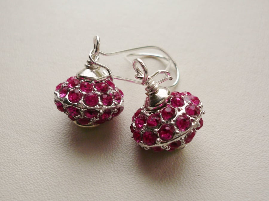 Bright Pink Glass Jewel Encrusted Rondelle Silver Bead Dangle Earrings   KCJ809