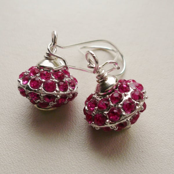 Bright Pink Glass Jewel Encrusted Rondelle Silver Bead Dangle Earrings   KCJ809