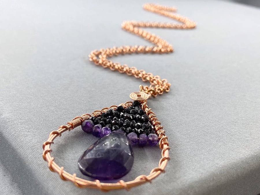 Boho Amethyst & Black Spinel Rose Gold Teardrop Long Endless No Clasp Necklace