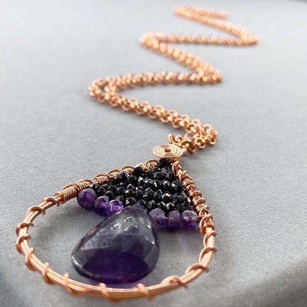 Boho Amethyst & Black Spinel Rose Gold Teardrop Long Endless No Clasp Necklace