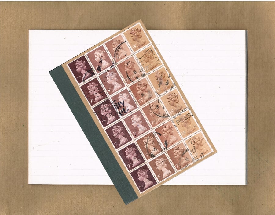 Sepia Brown Ombre Notebook - upcycled British postage stamps, lined A6 jotter