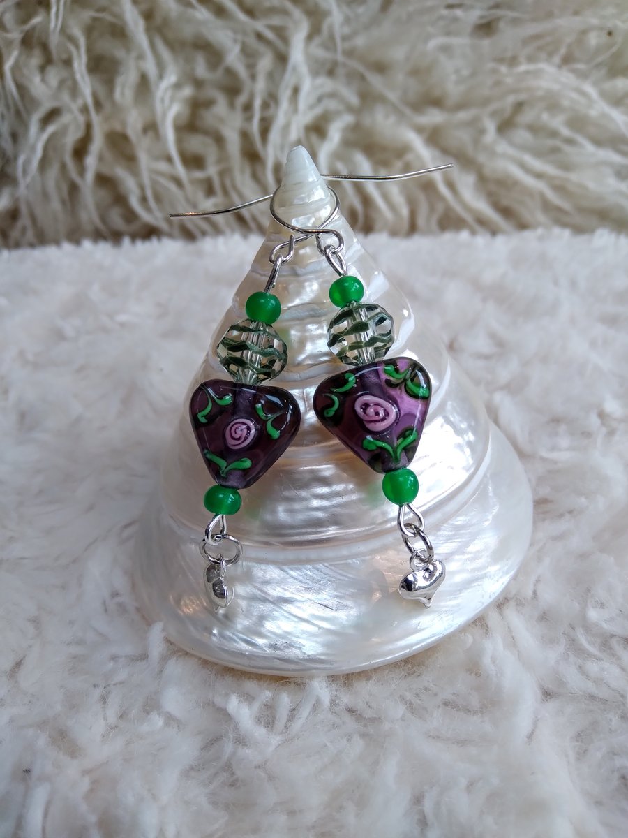Floral LAMPWORK glass and faceted beads Tibetan silver heart charm EARRINGS