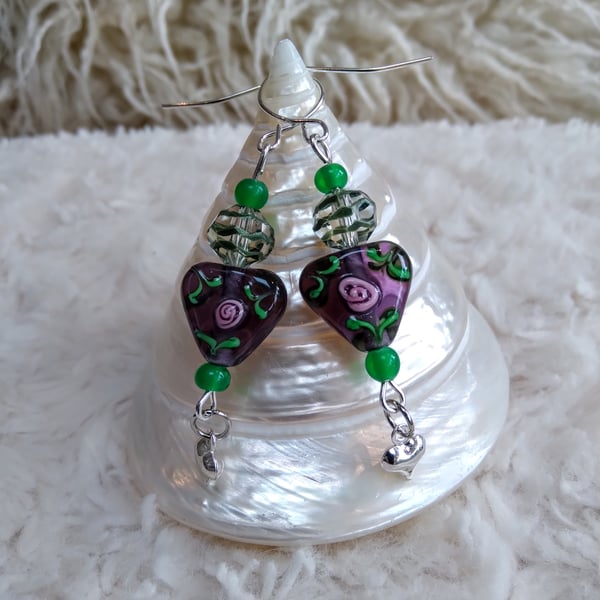 Floral LAMPWORK glass and faceted beads Tibetan silver heart charm EARRINGS