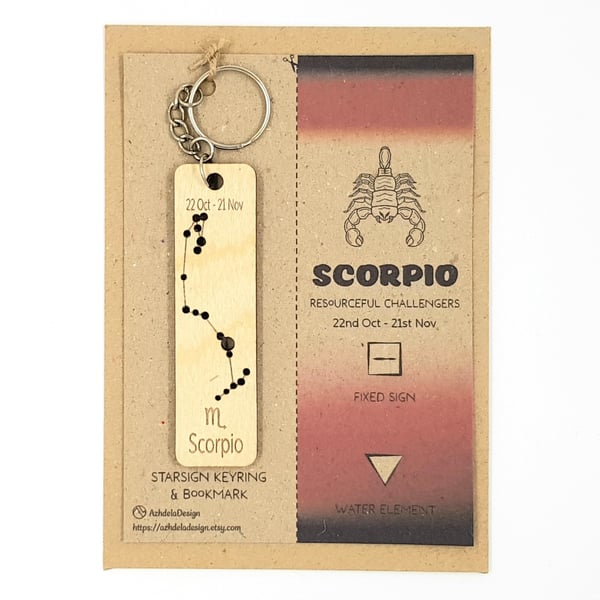 Scorpio Zodiac Star Sign Constellation Wooden Keyring & Bookmark Gift