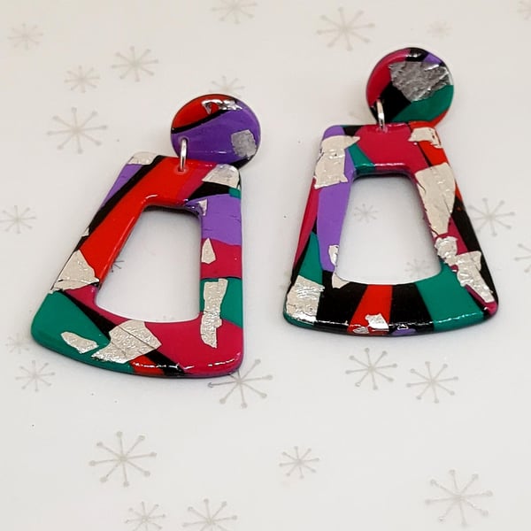 Trapezoid shaped multi coloured dangle earrings