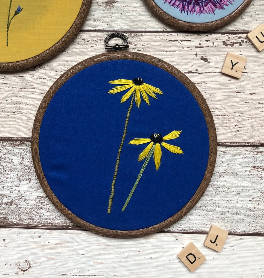 Yellow Daisy Embroidery Hoop Art on Blue