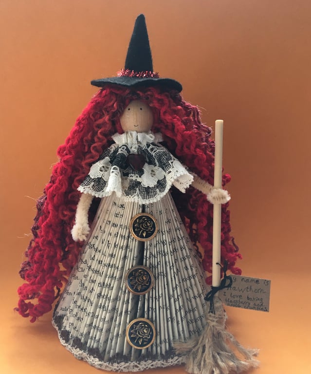 Witch Fairy Doll Decoration - Folded Book Art - Red Hair, Hawthorn, Witch Core 