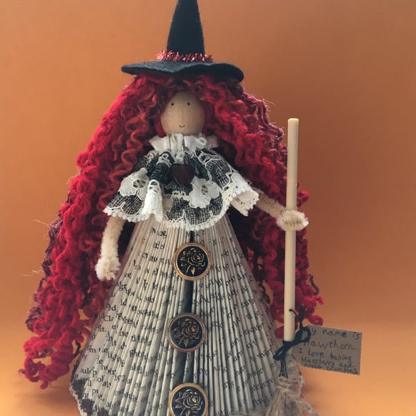 Witch Fairy Doll Decoration - Folded Book Art - Red Hair, Hawthorn, Witch Core 