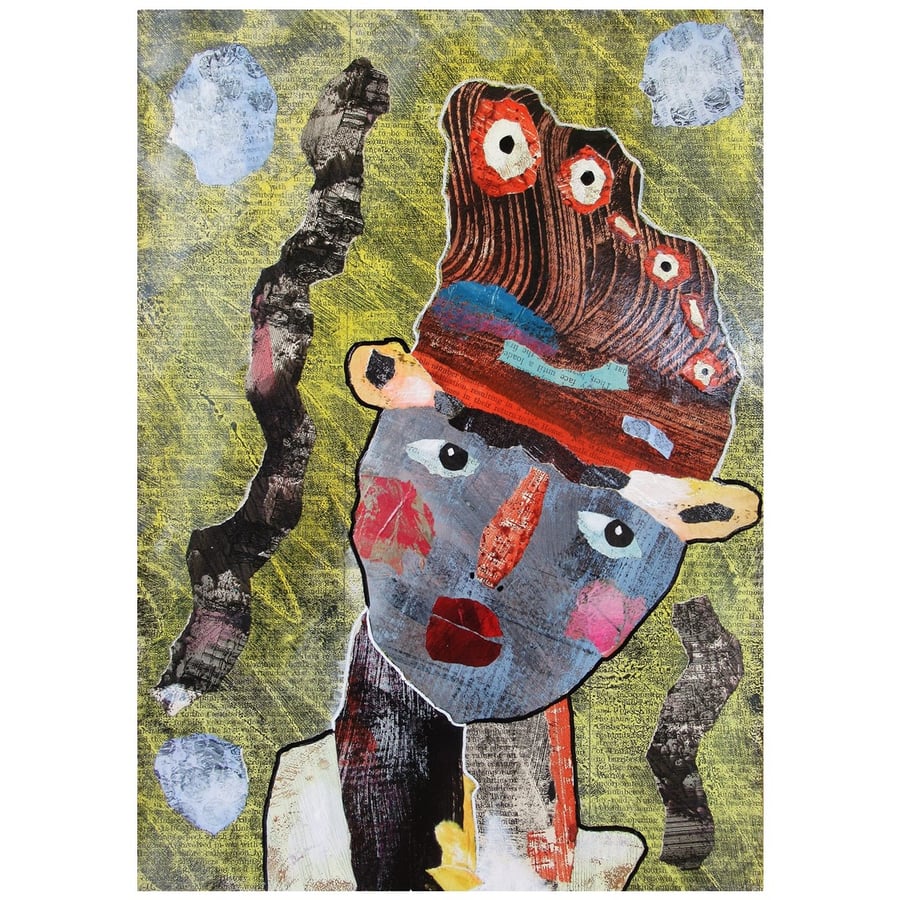 Mixed Media Portrait Painting Quirky Face Analogue Collage Artwork A4 Size