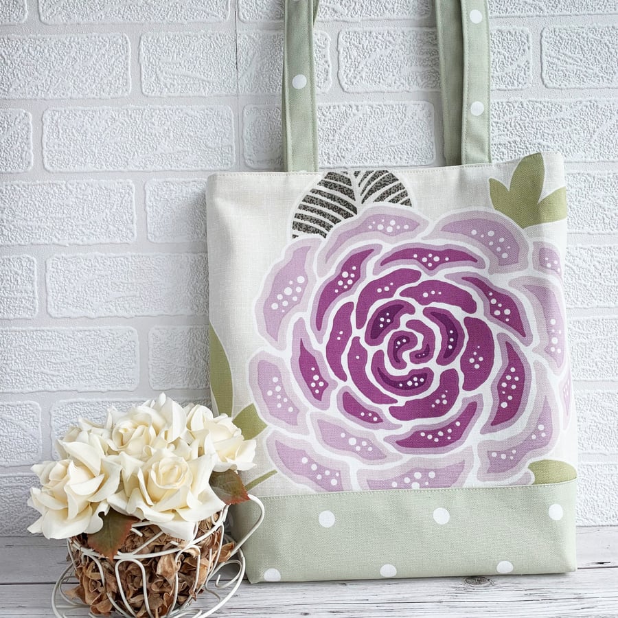 Polka Dot Tote Bag with Large Purple Swirled Flower