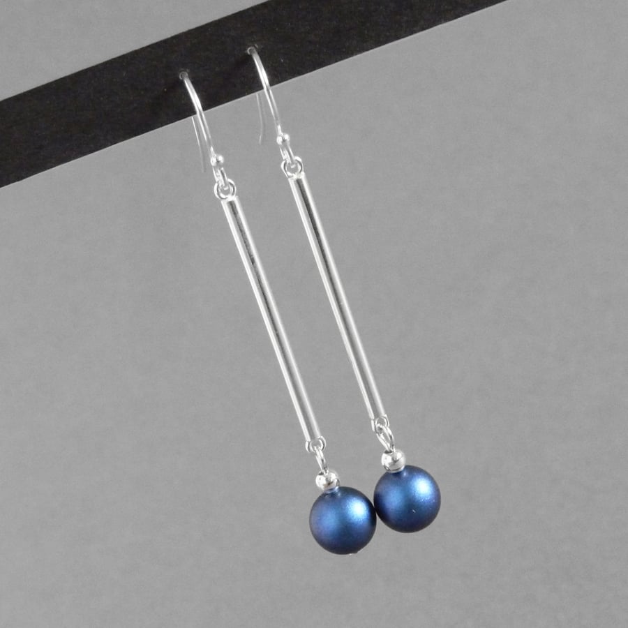 Long Dark Blue Pearl and Silver Bar Dangle Earrings - Royal Blue Drop Earrings
