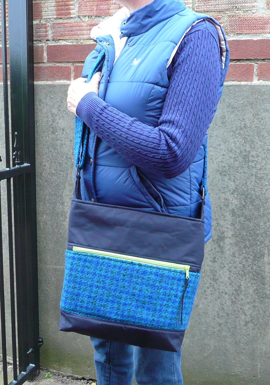 Wax canvas shoulder bag blue tweed crossbody bag water repellent canvas bag