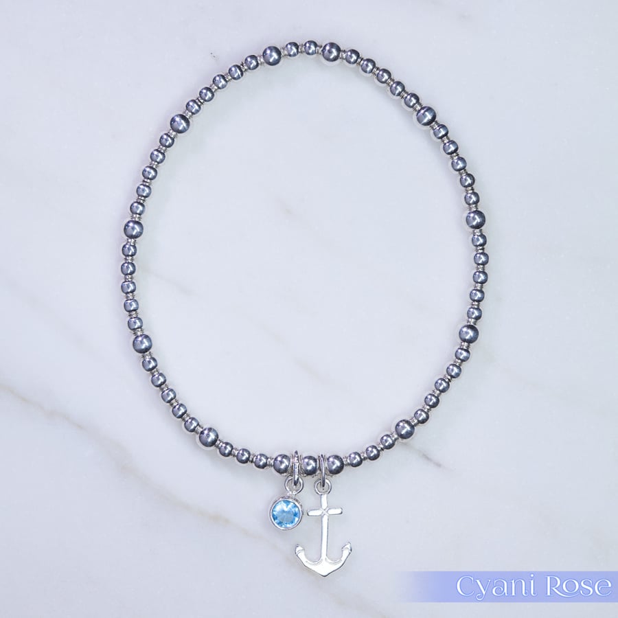Anchor Bracelet Sterling Silver Stretchy blue glass 