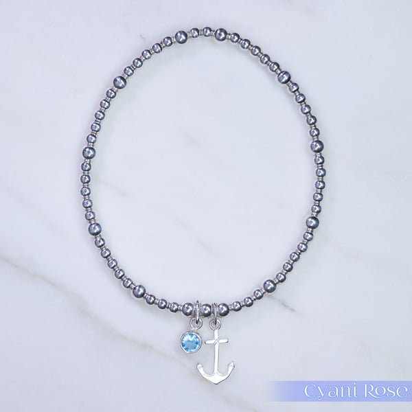 Anchor Bracelet Sterling Silver Stretchy blue glass 