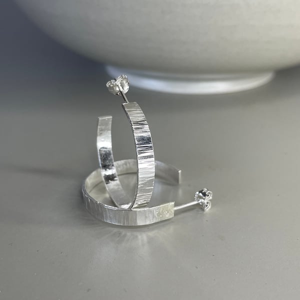 Sterling silver narrow large sized hammered bark texture hoop earrings