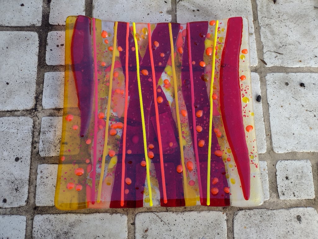 Patchwork Red, Orange and Yellow Square Fused Glass Plate