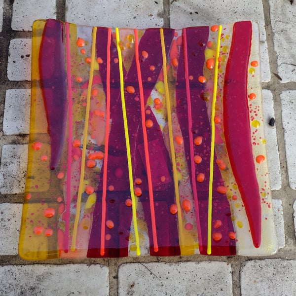 Patchwork Red, Orange and Yellow Square Fused Glass Plate