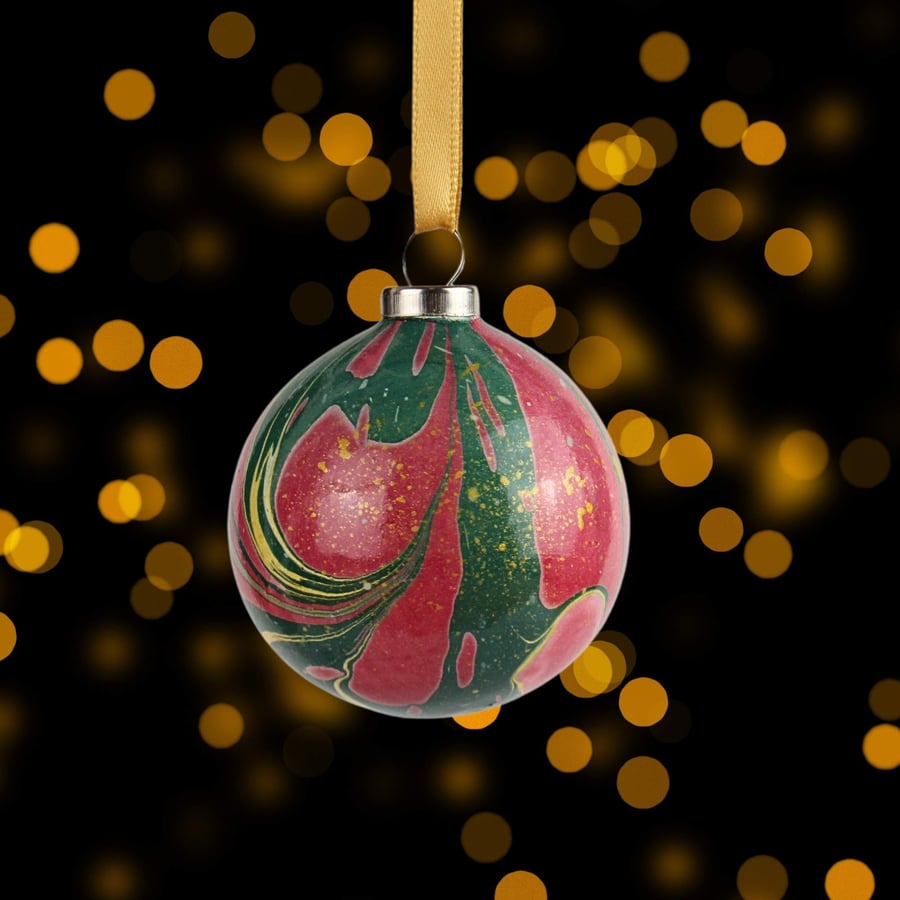 Crimson green and gold nonpareil  marbled 5cm round ceramic Christmas bauble 