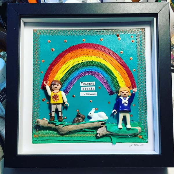 Friends create rainbows. Mixed media Playmobil wall art. Happy, kids, family. 