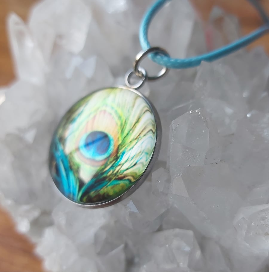 Peacock Feather 25mm Glass Cabochon Stainless Steel Necklace