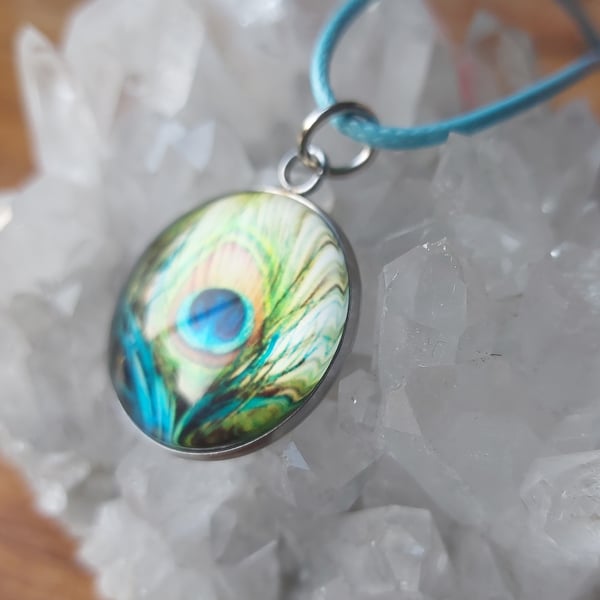 Peacock Feather 25mm Glass Cabochon Stainless Steel Necklace