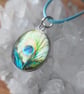 Peacock Feather 25mm Glass Cabochon Stainless Steel Necklace