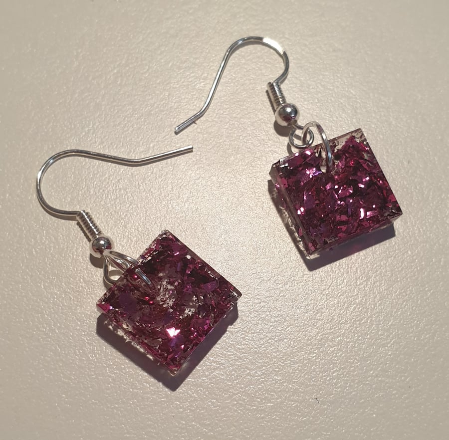 Square pink metallic flakes resin earrings