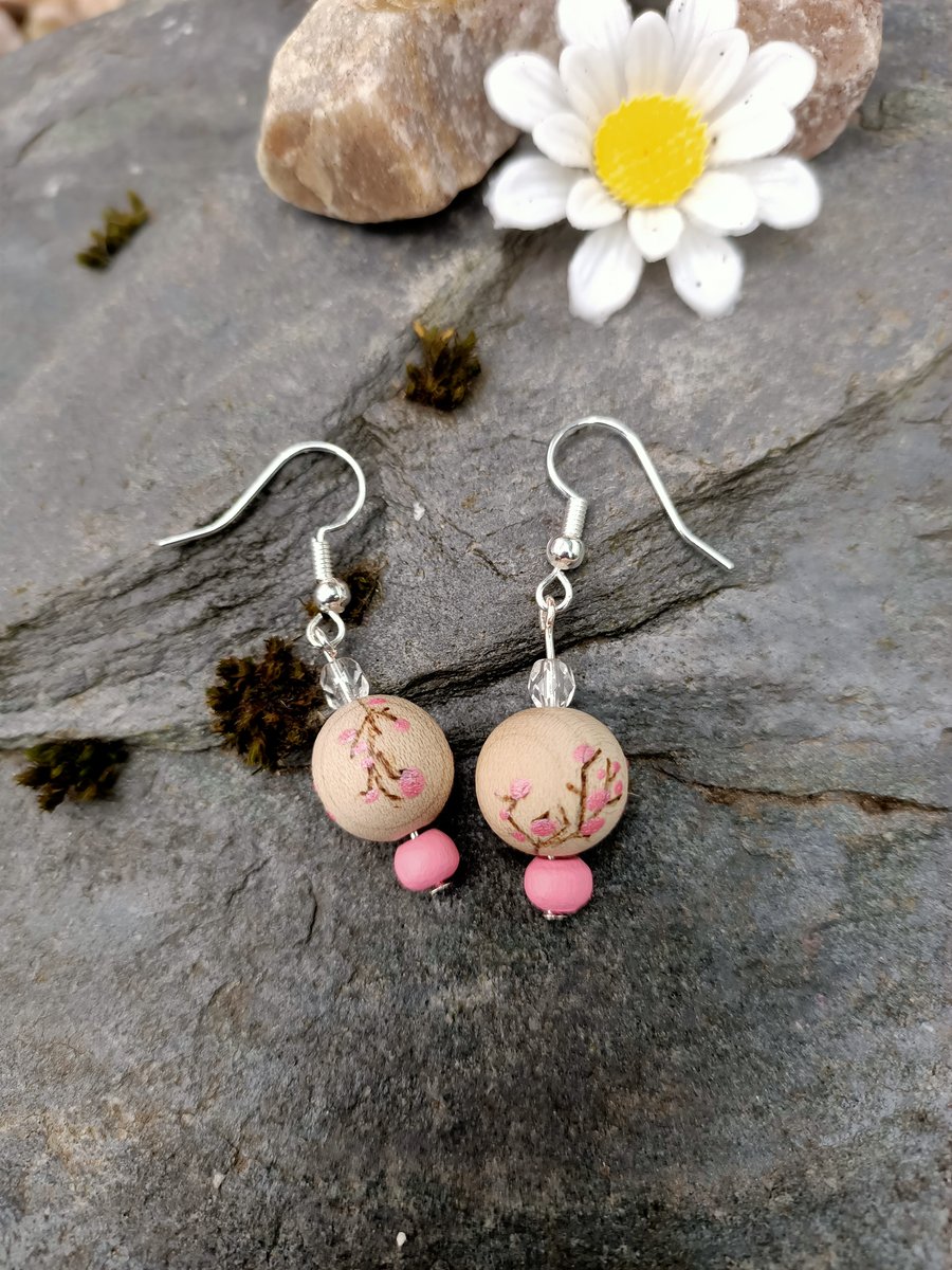 Pink Cherry Blossom dangle earrings with handmade wooden beads pyrography