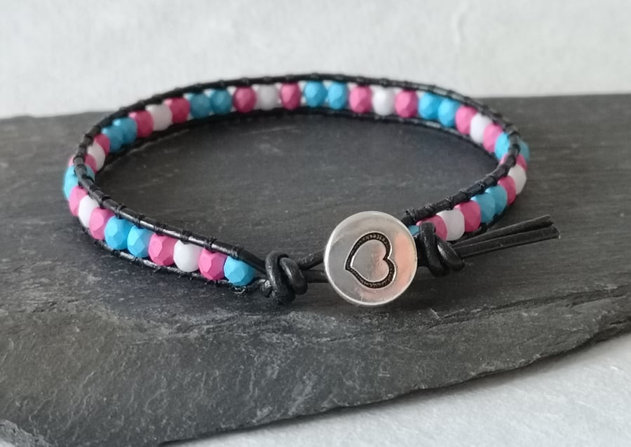 Transgender colours bead and leather bracelet, LGBTQ 