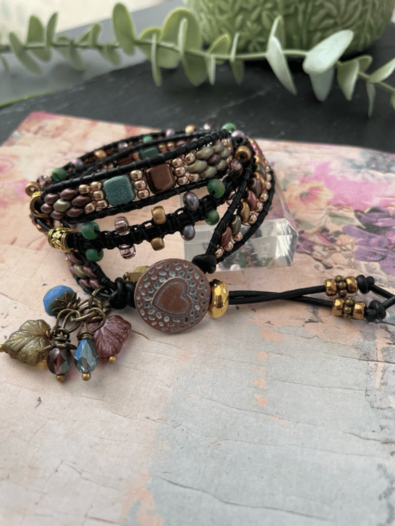 Pretty Boho leather beaded wrap adjustable bracelet , cuff bracelet, charm 